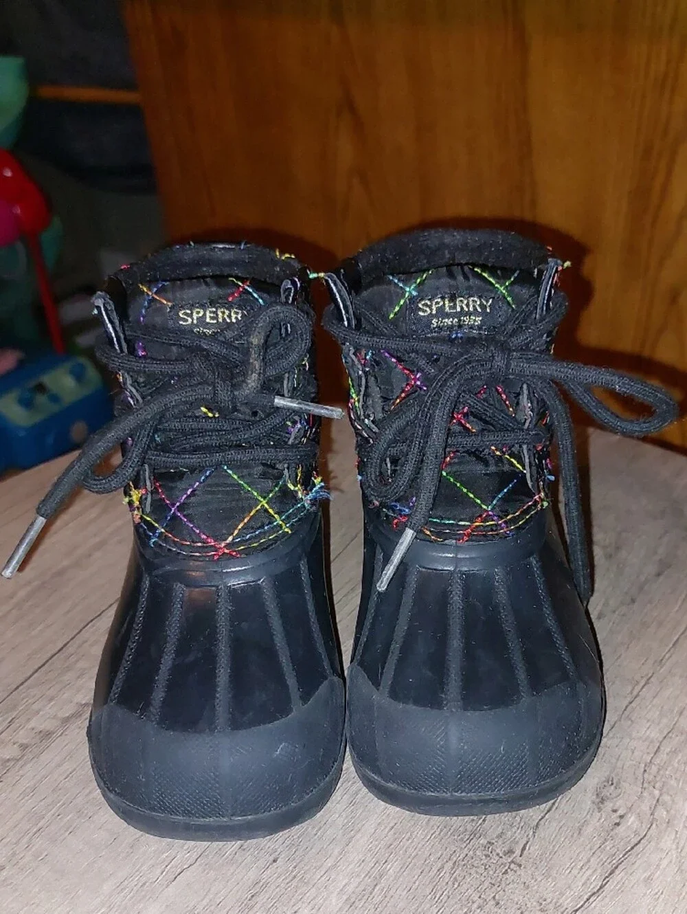 Sperry Black Kids Waterproof Duck Boots with Rainbow Stitching